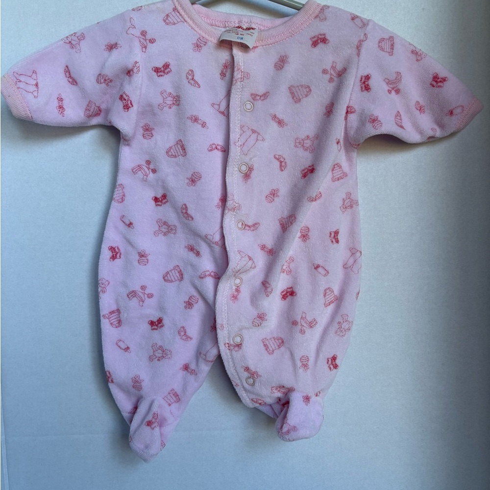 Vintage Snugabye Pink Baby Sleeper NB Footed Pajamas Velour Print Retro 90s